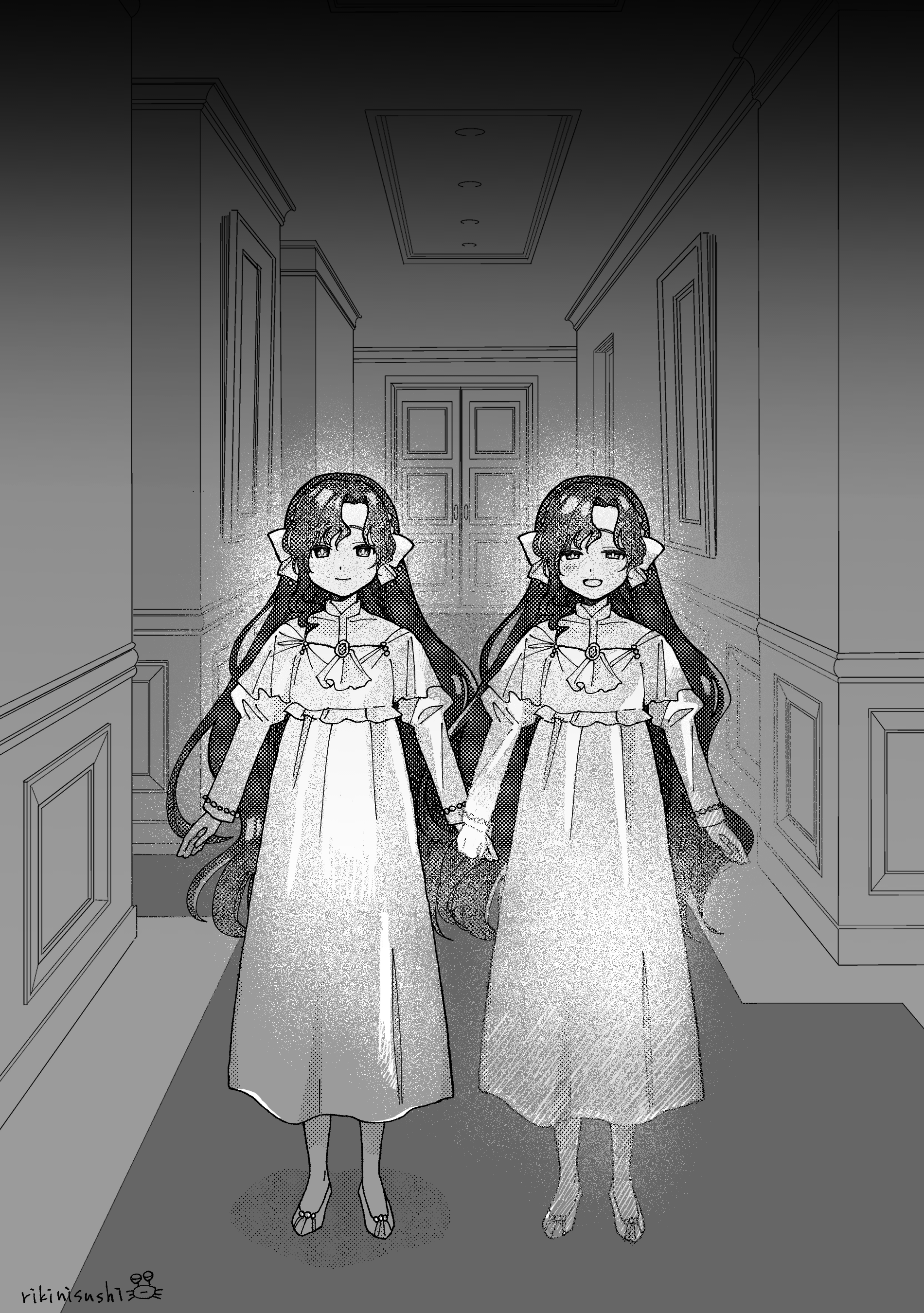 rikini sushi, grady sisters (the shining), isolde (reverse:1999), reverse:1999, the shining, absurdres, highres, 2girls, aged down, clone, closed mouth, dress, full body, greyscale, grin, hallway, holding hands, juliet sleeves, long dress, long hair, long sleeves, looking at viewer, monochrome, multiple girls, parody, puffy sleeves, scene reference, shoes, side-by-side, smile, standing, very long hair, wavy hair