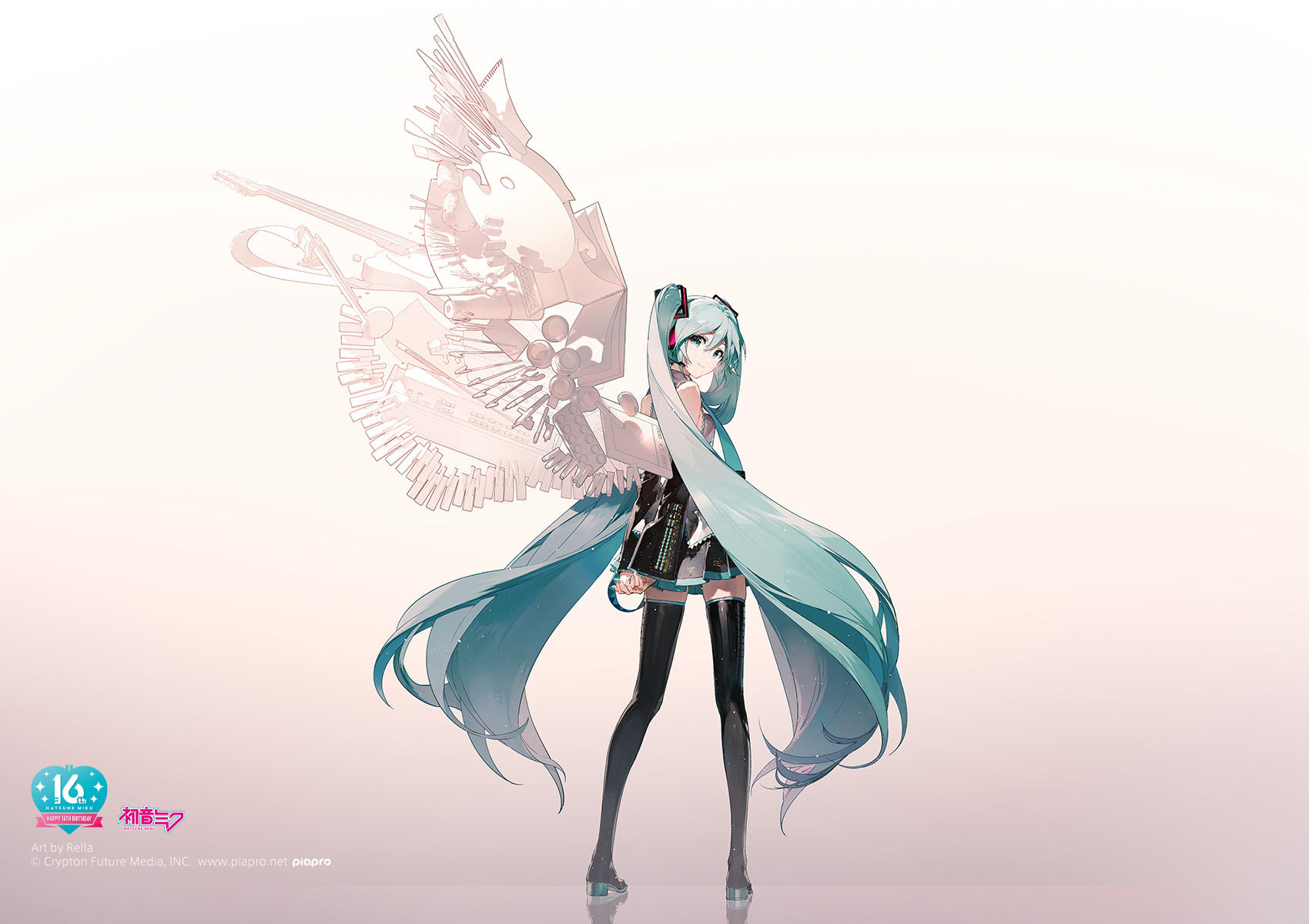 rella, hatsune miku, vocaloid, highres, official art, second-party source, 1girl, aqua eyes, aqua hair, aqua necktie, arms behind back, art brush, artificial wings, bare shoulders, black skirt, black sleeves, black thighhighs, boots, bow (music), can, character name, compass (instrument), copyright notice, detached sleeves, drawing tablet, from behind, full body, guitar, hair ornament, hatsune miku happy 16th birthday -dear creators-, headphones, headset, high heels, instrument, knitting needle, logo, long hair, looking at viewer, looking back, miniskirt, necktie, needle, otamatone, own hands together, paint palette, paintbrush, palette knife, paper roll, pen, piano keys, pleated skirt, reflective floor, scissors, sketchbook, skirt, smile, solo, standing, stylus, thigh boots, thighhighs, twintails, very long hair, watercolor tray, wide shot, wings, wireless mouse, yarn, yarn ball, zettai ryouiki