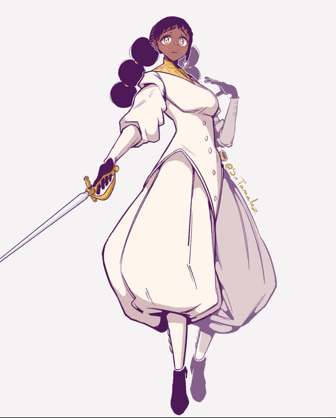 desscaras, madan no ichi, highres, 1girl, afro puffs, black gloves, black hair, dark-skinned female, dark skin, gloves, holding, holding sword, holding weapon, long hair, long sleeves, puffy pants, simple background, sirtamalez, solo, standing, sword, twintails, weapon, white background, witch, yellow eyes