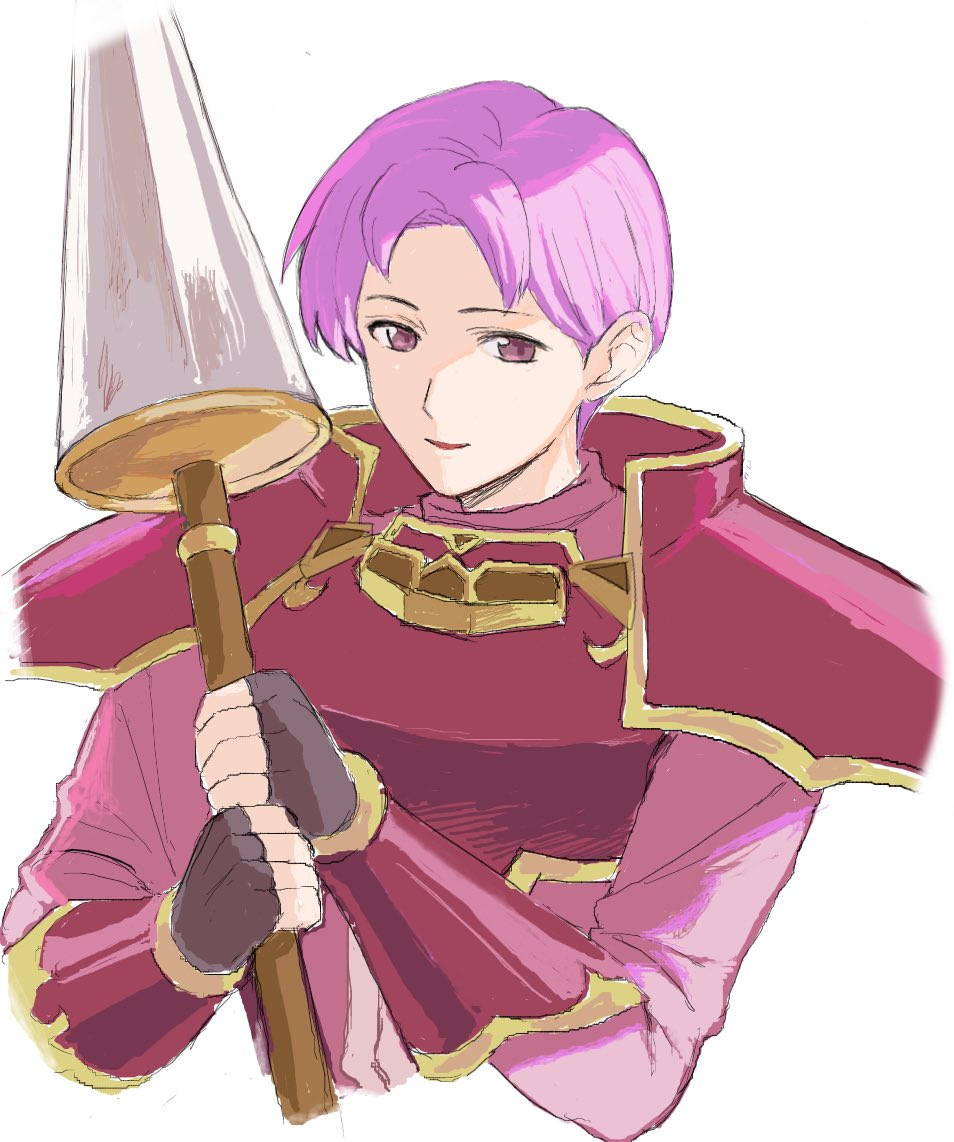 ushiomi, roshea (fire emblem), fire emblem, fire emblem: mystery of the emblem, nintendo, 1boy, armor, breastplate, fingerless gloves, gloves, holding, holding polearm, holding weapon, looking at viewer, pauldrons, pink shirt, polearm, purple eyes, purple hair, shirt, short hair, shoulder armor, simple background, smile, solo, upper body, weapon