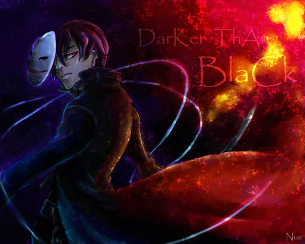 hei (darker than black), darker than black, 00s, 1boy, belt, black hair, black jacket, black pants, fighting stance, jacket, knife, male focus, mask, over shoulder, pants, red eyes, solo, text focus, weapon, wire