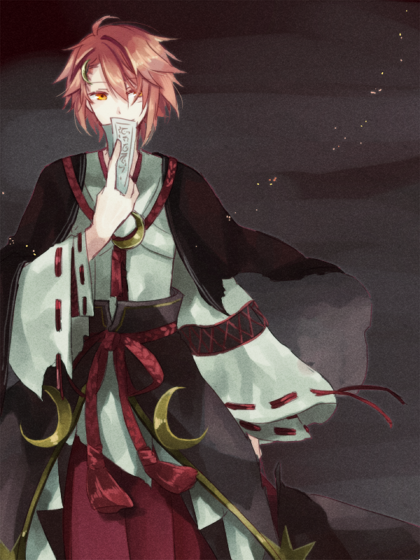 wane (ruki), ragnarok online, 1boy, adapted costume, cowboy shot, geki, grey background, holding, holding ofuda, japanese clothes, kagerou (ragnarok online), kimono, looking at viewer, male focus, ofuda, orange eyes, pants, pink hair, red pants, ribbon-trimmed sleeves, ribbon trim, short hair, solo, white kimono
