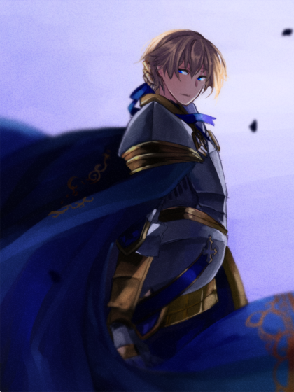 wane (ruki), royal guard (ragnarok online), ragnarok online, 1boy, armor, blonde hair, blue cape, blue eyes, breastplate, cape, closed mouth, cowboy shot, expressionless, gauntlets, looking at viewer, looking to the side, male focus, pauldrons, purple background, short hair, shoulder armor, solo