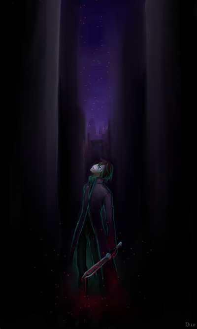 hei (darker than black), darker than black, 00s, 1boy, black hair, blood, city, cityscape, jacket, knife, male focus, mask, night, solo, standing, weapon