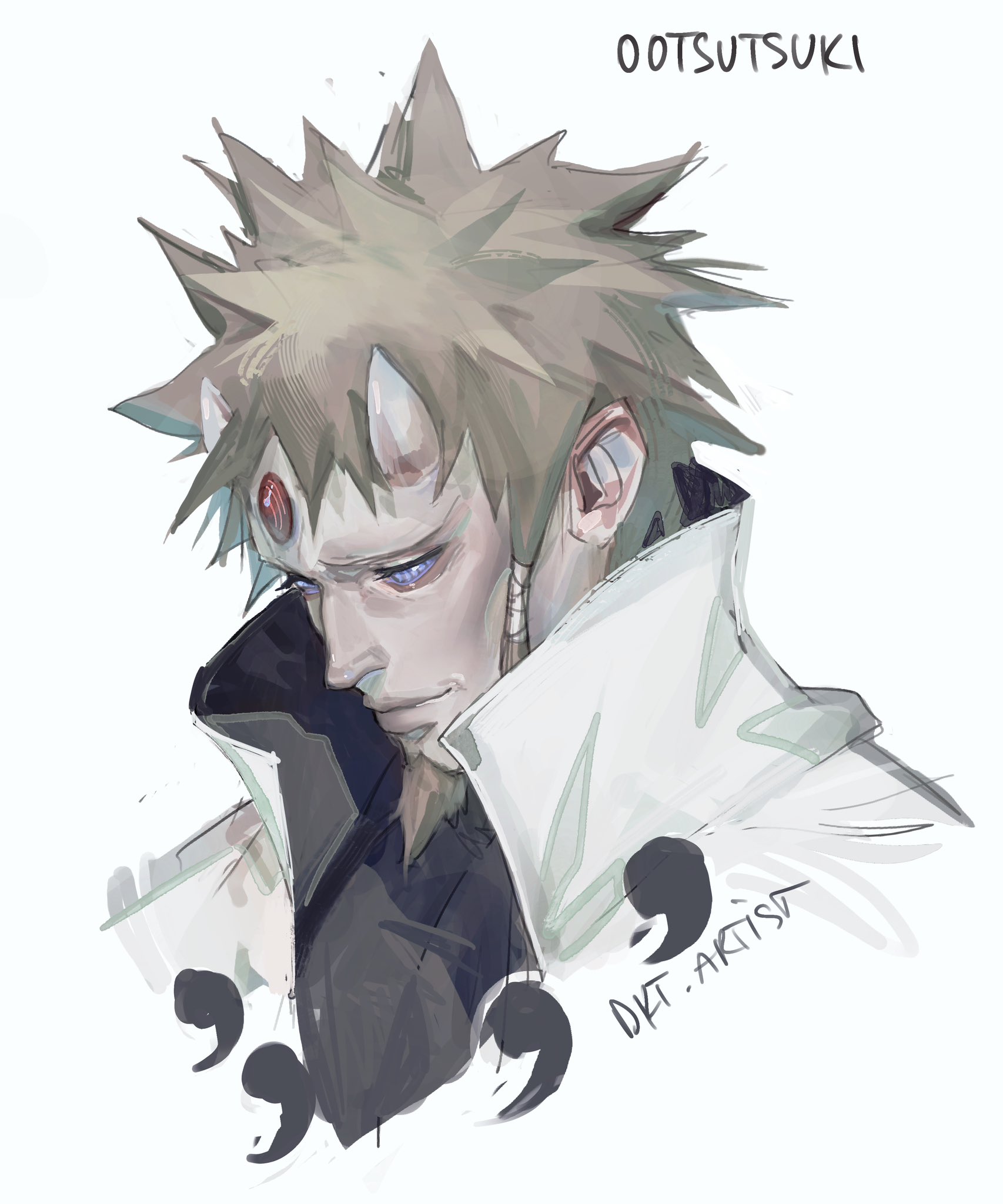 artistdkt, ootsutsuki hagoromo, naruto (series), naruto shippuuden, highres, 1boy, artist name, brown hair, character name, facial hair, goatee, horns, lips, looking down, male focus, mature male, nose, purple eyes, short hair, simple background, skin-covered horns, solo, upper body, white background