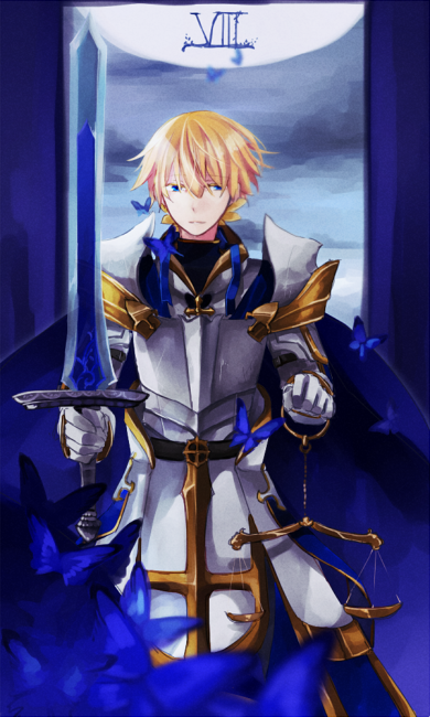 wane (ruki), royal guard (ragnarok online), ragnarok online, 1boy, armor, blonde hair, blue cape, blue eyes, breastplate, cape, closed mouth, cowboy shot, expressionless, faulds, gauntlets, hair between eyes, holding, holding scale, holding sword, holding weapon, justice (tarot), male focus, official alternate costume, pauldrons, roman numeral, short hair, shoulder armor, solo, sword, tarot, weapon, weighing scale