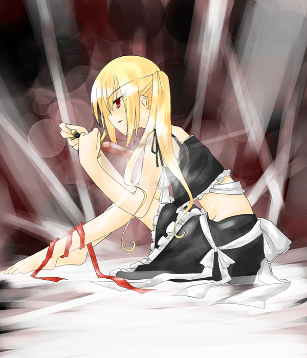 sagikuchi mutsuha, shirasagi rokuwa, kirisame marisa, touhou, 1girl, alternate hairstyle, barefoot, black skirt, blonde hair, blood, bloody weapon, crop top, female focus, frills, from side, full body, holding, holding weapon, knife, leg ribbon, long hair, midriff, no headwear, profile, red eyes, red ribbon, ribbon, side ponytail, sitting, skirt, sleeveless, solo, weapon
