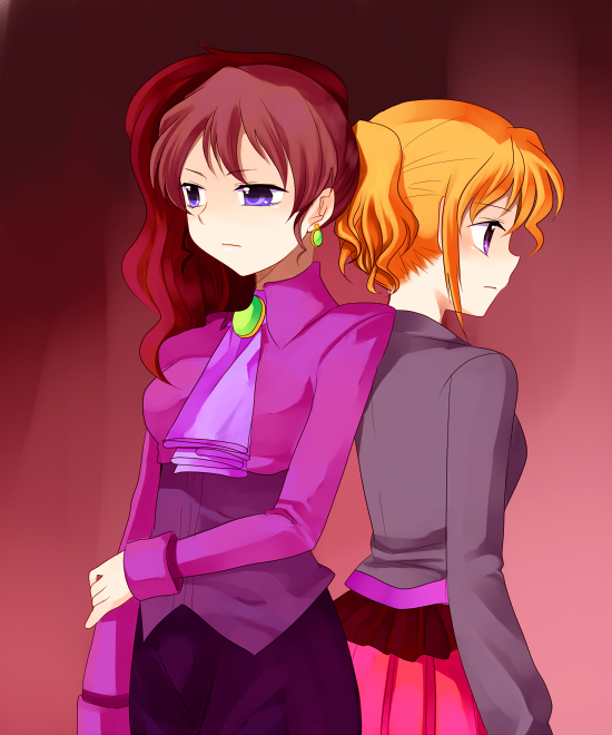 subaru (yachika), ushiromiya jessica, ushiromiya natsuhi, umineko no naku koro ni, 00s, 2girls, age difference, back-to-back, blonde hair, brown hair, mother and daughter, multiple girls, pencil skirt, pleated skirt, ponytail, purple eyes, skirt