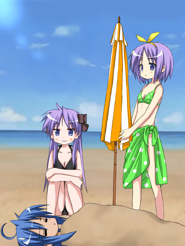 kiriya haruhito, hiiragi kagami, hiiragi tsukasa, izumi konata, lucky star, 00s, 3girls, = =, ahoge, beach, bikini, blue hair, closed eyes, cloud, day, hair ribbon, hairband, long hair, lying, mole, mole under eye, multiple girls, on back, outdoors, purple hair, ribbon, sand, short hair, siblings, sisters, sitting, sky, standing, swimsuit, twins, twintails, water
