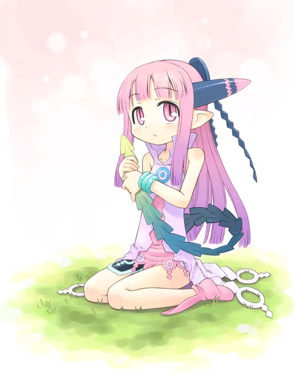 minami juujisei, milreaf, summon night, summon night 4, 1girl, bracelet, dress, female focus, grass, jewelry, pink dress, pink eyes, pink hair, pink shoes, pointy ears, seiza, shoes, sitting, solo, tail