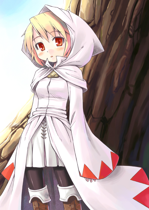 minami juujisei, refia, white mage (final fantasy), final fantasy, final fantasy iii, 1990s (style), 1girl, blonde hair, female focus, hood, pantyhose, red eyes, retro artstyle, robe, solo