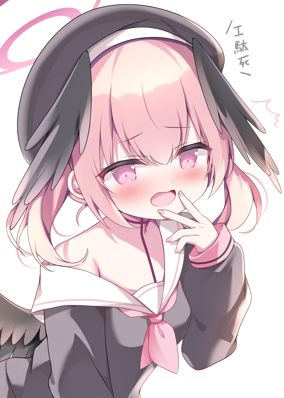 azumi kazuki, koharu (blue archive), blue archive, commentary request, highres, translation request, 1girl, beret, black hat, black shirt, black wings, blush, feathered wings, hair between eyes, halo, hand to own mouth, hand up, hat, head wings, long sleeves, low wings, neckerchief, off shoulder, open mouth, pink hair, pink neckerchief, puffy long sleeves, puffy sleeves, purple eyes, sailor collar, shirt, simple background, sleeves past wrists, solo, twintails, white background, white sailor collar, wings