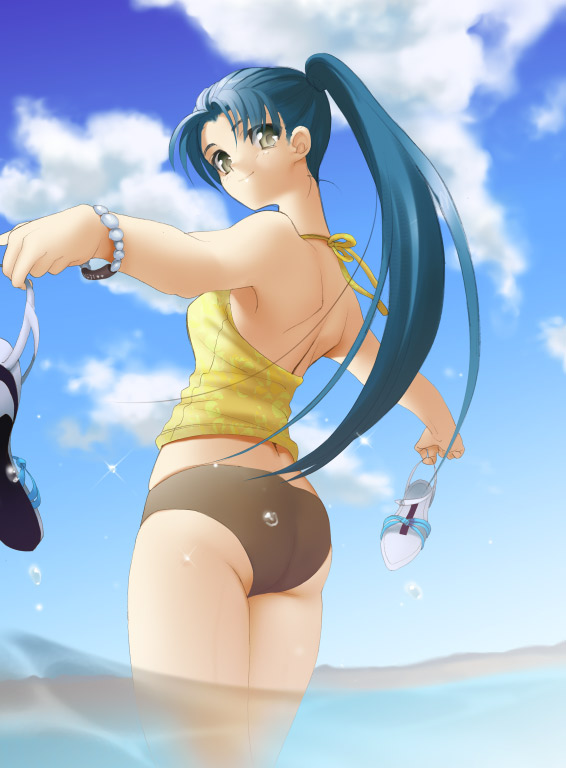 piyodera mucha, 1girl, ass, bikini, blue hair, cloud, day, female focus, grey eyes, halterneck, high ponytail, holding, holding shoes, holding unworn clothes, outdoors, ponytail, shoes, solo, swimsuit, tankini, unworn shoes, wading