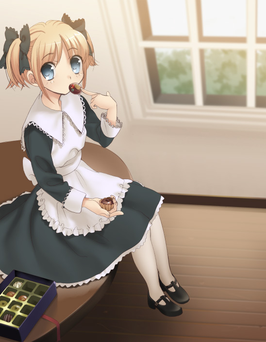 piyodera mucha, original, 1girl, apron, box, box of chocolates, chocolate, dress, female focus, hair ribbon, indoors, lolita fashion, maid, maid apron, mary janes, pantyhose, ribbon, shoes, sitting, solo, window