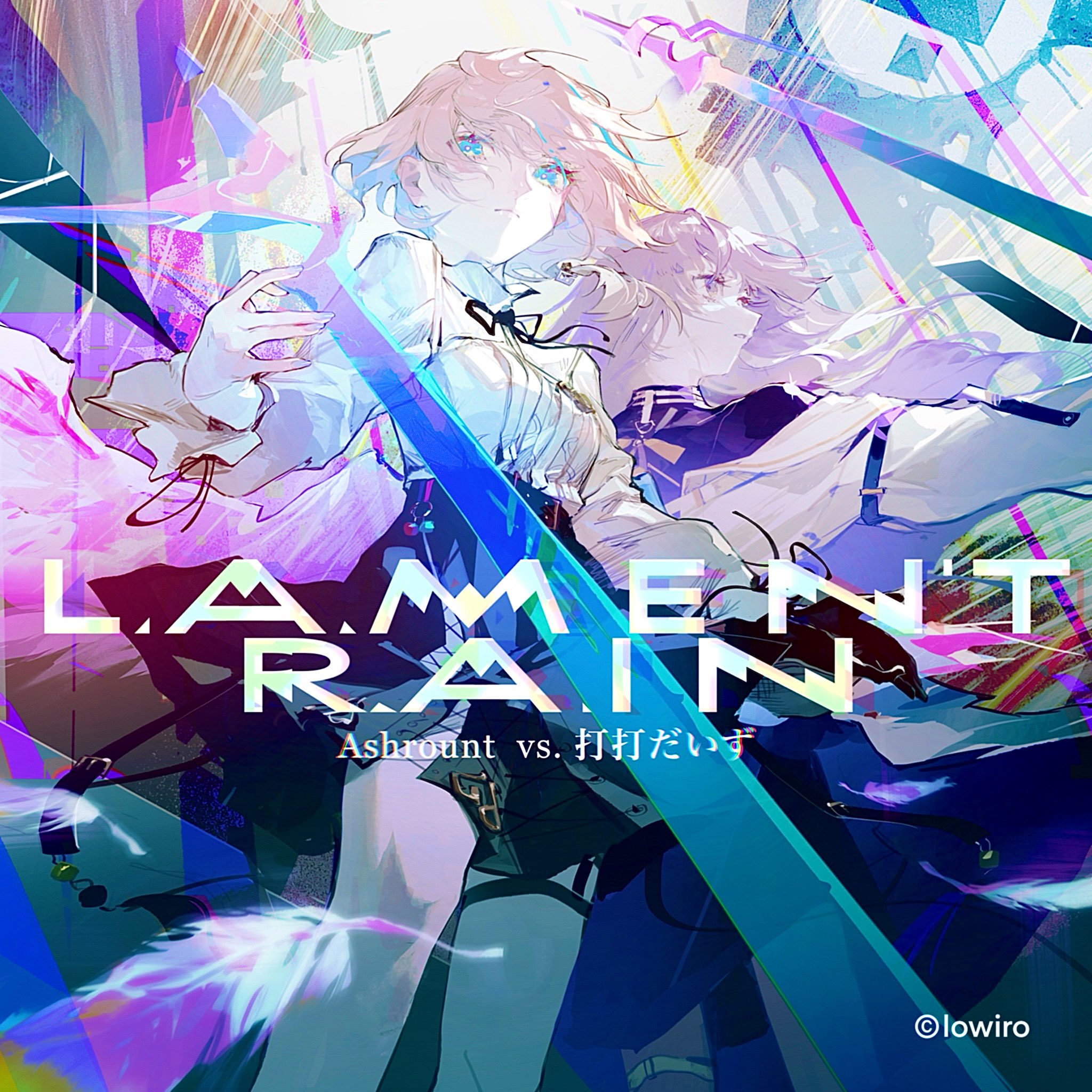 aamond, insight (designant) (arcaea), arcaea, highres, 2girls, angel wings, bandage on face, bandages, bandaid, bandaid on face, belt, black belt, black gloves, black ribbon, black shirt, black skirt, blonde hair, blue eyes, blue hair, blue skirt, bow, breasts, chain, collared shirt, compassion (arcaea), cross, detached wings, earrings, english text, feathers, gloves, hair between eyes, insight (arcaea), jacket, jewelry, long sleeves, medium breasts, multicolored hair, multiple girls, necktie, pantyhose, red necktie, ribbon, shirt, short hair, skirt, streaked hair, thigh strap, watermark, white hair, white jacket, white shirt, white wings, wings, yellow bow, yellow ribbon