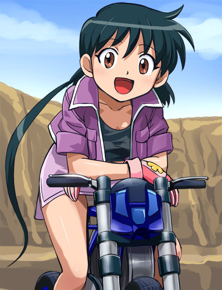 haruyama kazunori, shidou makoto, idaten jump, vehicle, 00s, bicycle, black hair, brown eyes, canyon, jacket, motor vehicle, motorcycle, open mouth, panties, underwear, valley