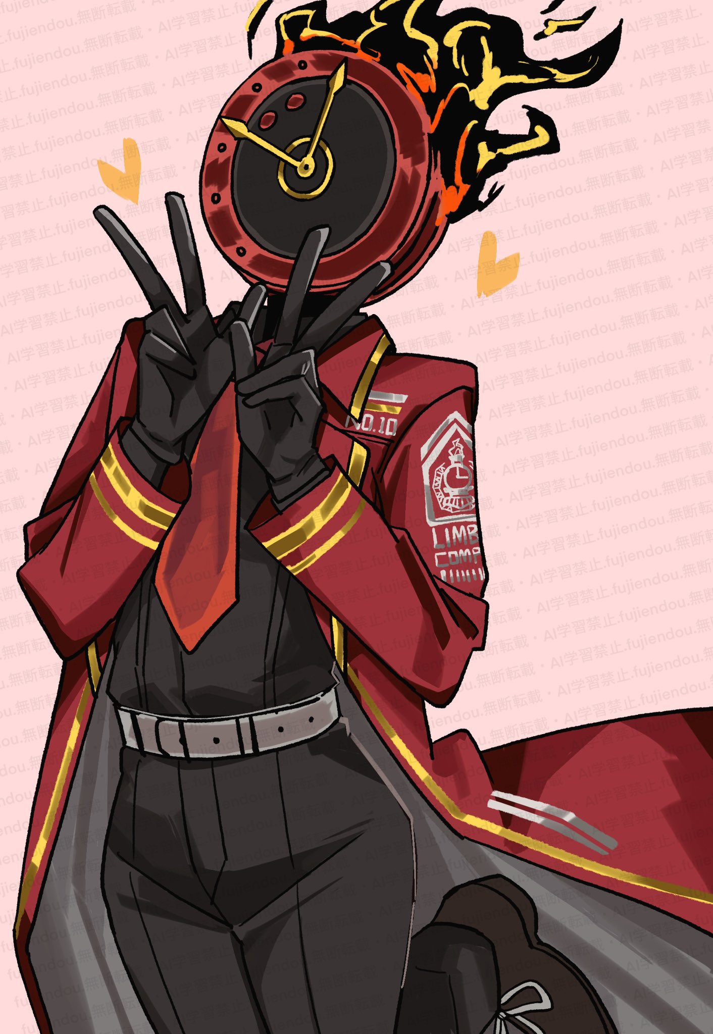 fujiendou, dante (limbus company), limbus company, project moon, highres, 1other, black gloves, black pants, black shirt, clock, coat, collared shirt, fire, flaming head, gloves, heart, long sleeves, looking at viewer, necktie, object head, other focus, pants, pink background, red coat, red necktie, shirt, simple background, solo, standing, v