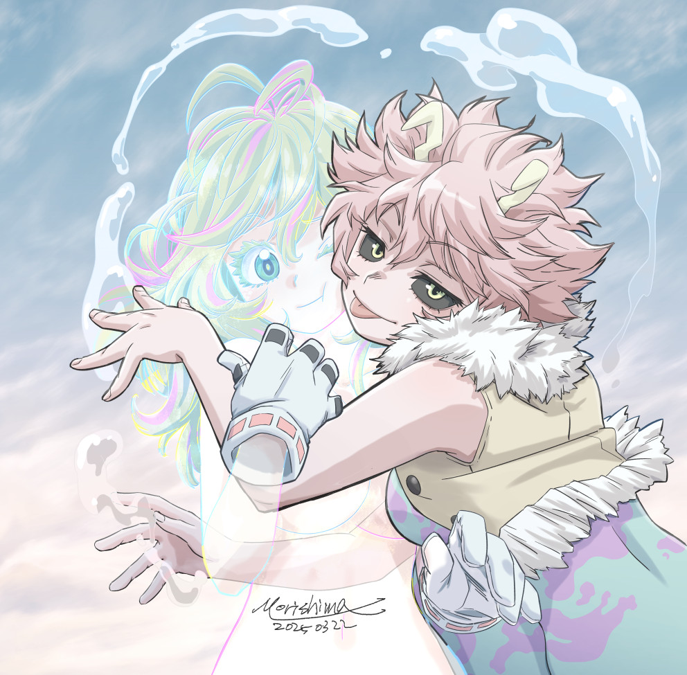 morishima noriko, ashido mina, hagakure toru, boku no hero academia, 2girls, black sclera, breasts, cheek press, closed mouth, colored sclera, colored skin, dated, eyelashes, fur trim, gloves, horns, hug, invisible, long hair, multiple girls, one eye closed, pink hair, pink skin, short hair, signature, sleeveless, smile, tongue, tongue out, white gloves, yellow eyes