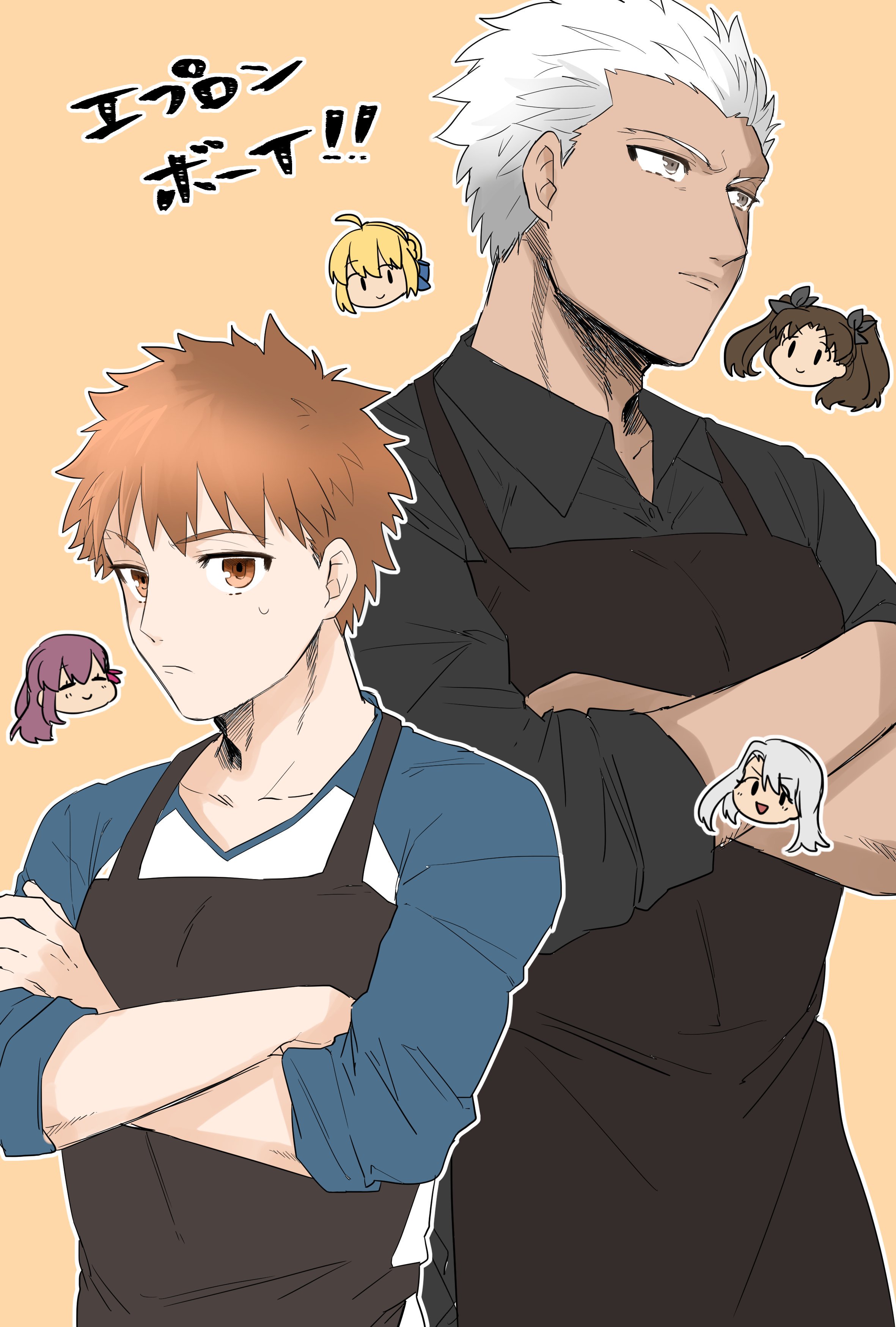kkk irino, archer (fate), artoria pendragon (fate), emiya shirou, illyasviel von einzbern, matou sakura, saber (fate), tohsaka rin, fate/stay night, fate (series), absurdres, commentary request, highres, translation request, 2boys, 4girls, ahoge, apron, black apron, black hair, blonde hair, chibi, chibi inset, dark-skinned male, dark skin, frown, grey eyes, grey hair, hair ribbon, multiple boys, multiple girls, orange eyes, orange hair, purple hair, raglan sleeves, ribbon, sweatdrop, twintails, white hair