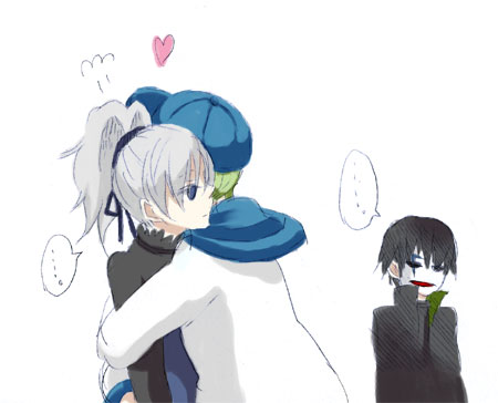 amber (darker than black), hei (darker than black), yin (darker than black), darker than black, artist request, lowres, …, 00s, 1boy, 2girls, baseball cap, black hair, blue eyes, expressionless, green hair, grey hair, hat, heart, hug, mask, multiple girls, simple background, white background, yuri