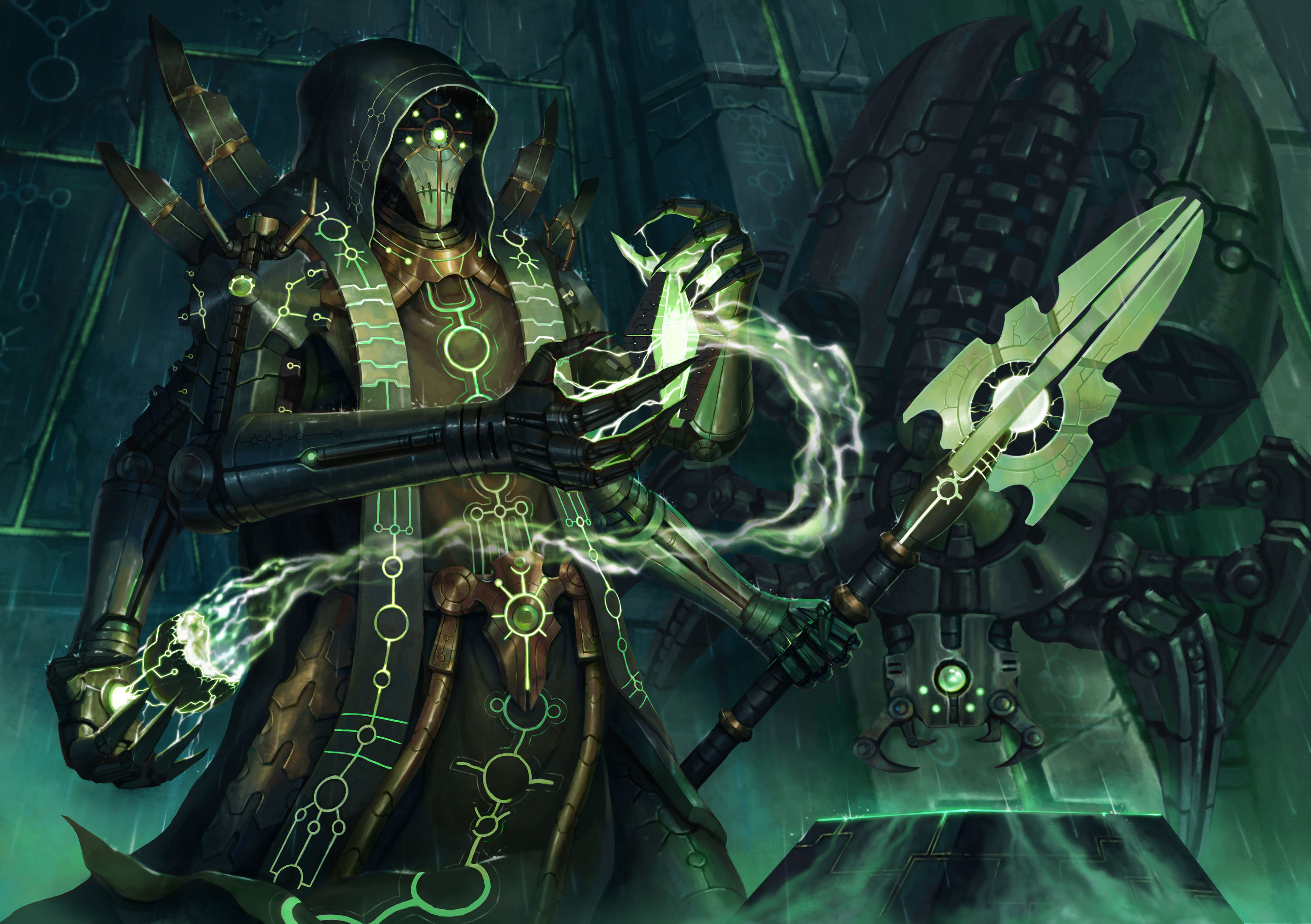 kheljay, necron, warhammer 40k, absurdres, highres, 1boy, casting spell, energy, extra arms, extra eyes, holding, holding polearm, holding weapon, humanoid robot, looking at object, looking at viewer, magic, non-humanoid robot, polearm, robot, solo, tabard, weapon
