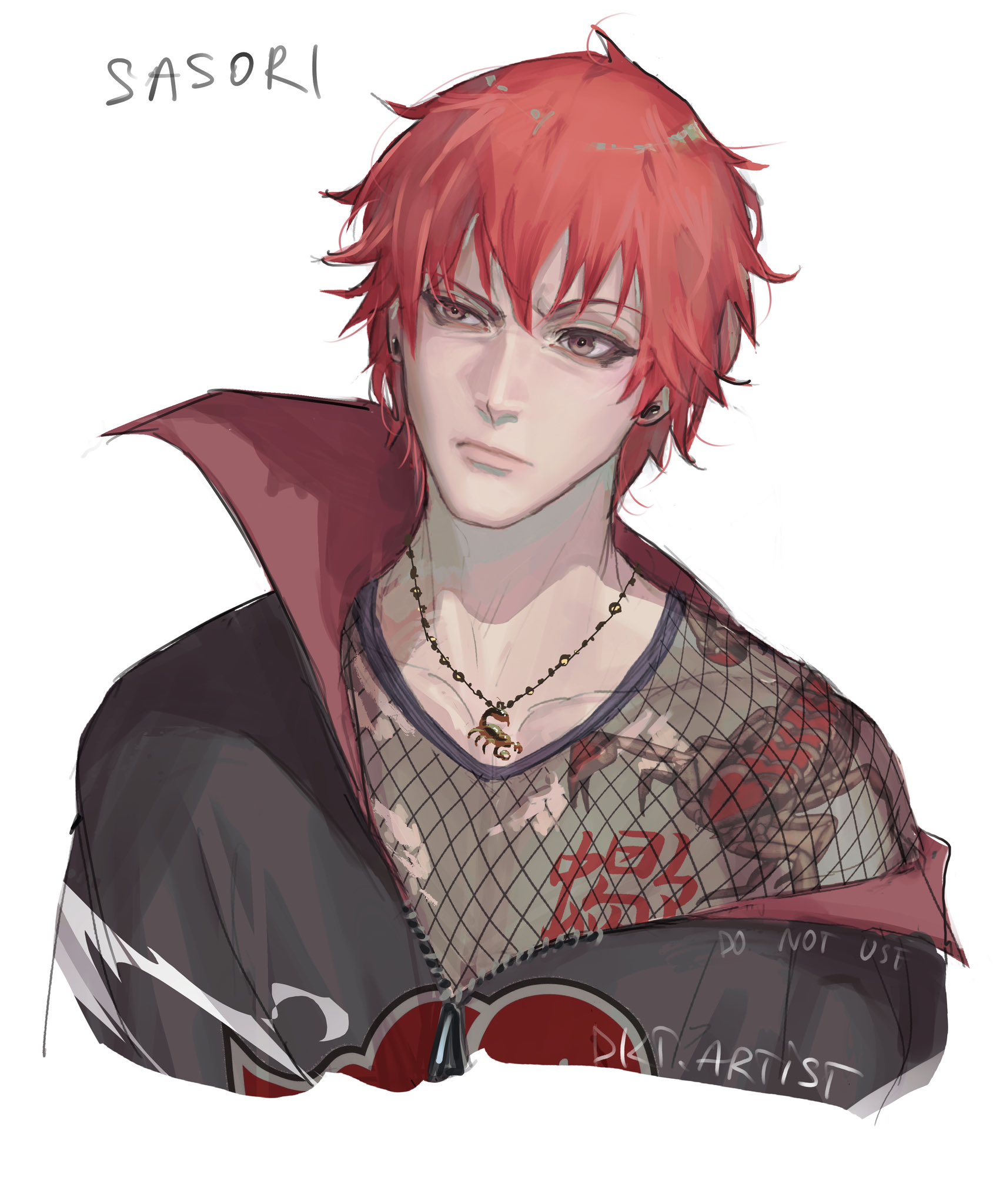 artistdkt, sasori (naruto), naruto (series), naruto shippuuden, highres, 1boy, akatsuki uniform, alternate costume, artist name, brown eyes, character name, chest tattoo, collarbone, earrings, fishnets, jewelry, kanji tattoo, lips, looking to the side, male focus, necklace, nose, red hair, scorpion necklace, scorpion tattoo, short hair, simple background, solo, tattoo, upper body, white background