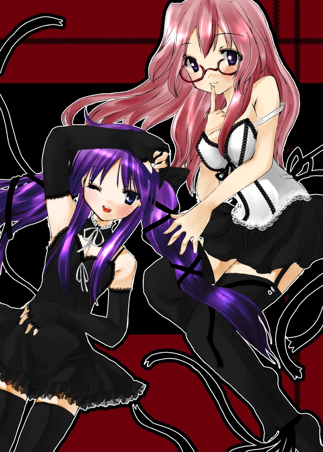 niwaka yuan, yun (artist), hiiragi kagami, takara miyuki, lucky star, 00s, 2girls, elbow gloves, glasses, gloves, goth fashion, multiple girls, thighhighs, zettai ryouiki