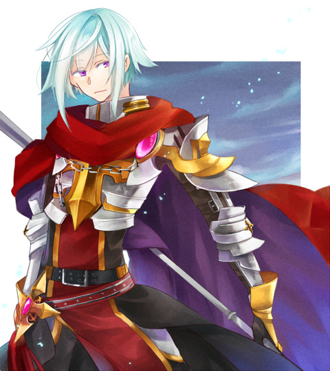wane (ruki), rune knight (ragnarok online), ragnarok online, commentary request, 1boy, armor, belt, black belt, black gloves, black shirt, blue hair, breastplate, cape, chain, closed mouth, gauntlets, gloves, long sleeves, looking at viewer, male focus, pauldrons, purple eyes, red cape, red tabard, shirt, shoulder armor, smile, solo, tabard, upper body