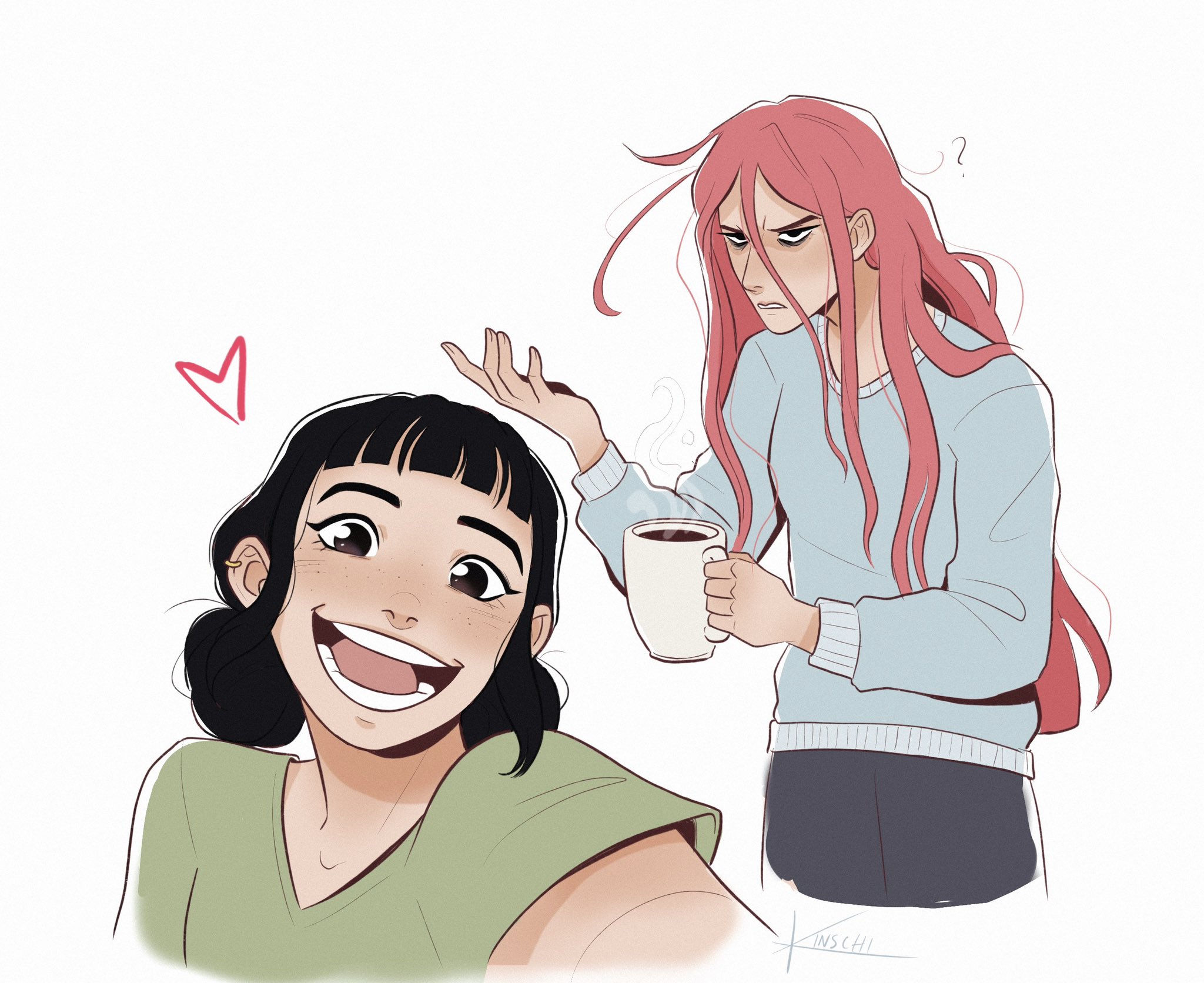 kinschi, mira (kpop demon hunters), zoey (kpop demon hunters), kpop demon hunters, commentary, highres, 2girls, ?, bags under eyes, black hair, blue sweater, blush, cup, double bun, hair between eyes, hair bun, heart, holding, holding cup, long hair, looking at viewer, multiple girls, open mouth, pink hair, sidelocks, signature, simple background, smile, sweater, white background