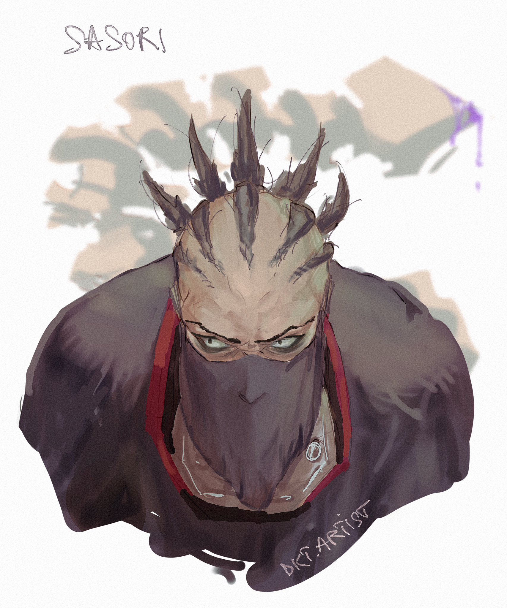 artistdkt, sasori (naruto), naruto (series), naruto shippuuden, commentary, highres, 1boy, alternate form, artist name, black eyes, black hair, character name, from above, looking to the side, male focus, mask, mouth mask, short hair, solo, upper body