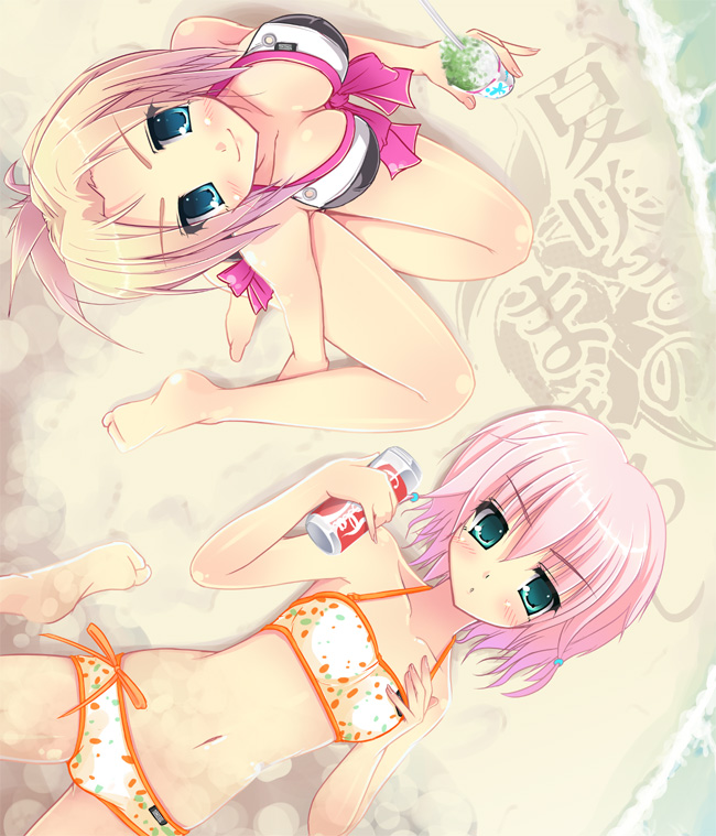 ayase hikaru, original, 2girls, aqua eyes, barefoot, beach, bikini, blush, breasts, food, from above, green eyes, large breasts, lying, multiple girls, navel, on back, pink hair, sand, shaved ice, short hair, small breasts, smile, swimsuit, water