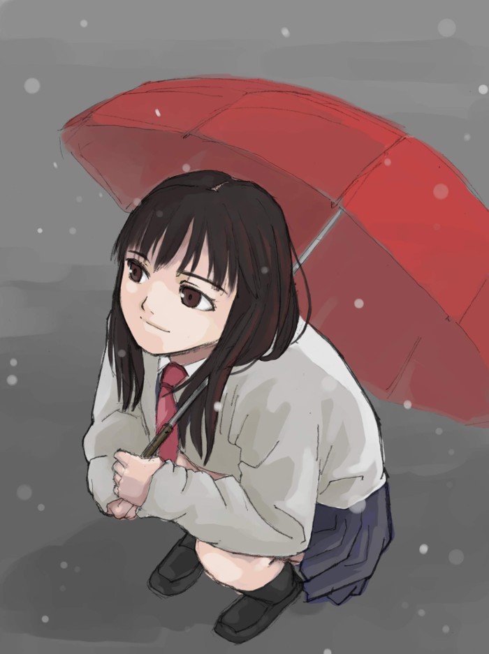 tagme, brown eyes, brown hair, school uniform, serafuku, snow, umbrella