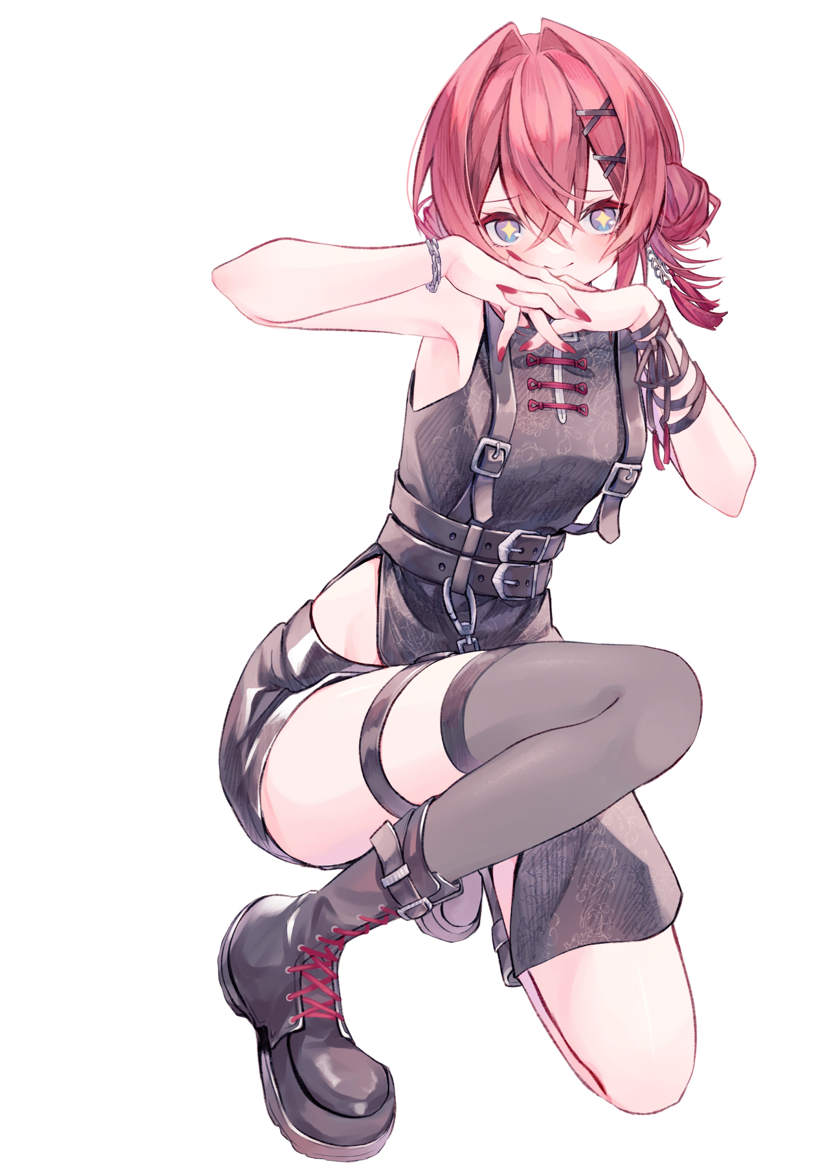 eresa, ange katrina, ange katrina (7th costume), nijisanji, absurdres, commentary request, highres, variant set, + +, 1girl, ankle boots, armpits, artist name, bare arms, belt, black belt, black boots, black dress, black ribbon, black shorts, boots, breasts, chain, chain bracelet, china dress, chinese clothes, closed mouth, crossed bangs, double bun, dress, eyelashes, full body, grey thighhighs, hair between eyes, hair bun, hair intakes, hair ornament, hands up, interlocked fingers, lace-up boots, light blush, long bangs, looking at viewer, multiple belts, nail polish, on one knee, own hands together, pankou, purple eyes, red hair, red nails, ribbon, short dress, shorts, side slit, simple background, single thighhigh, sleeveless, sleeveless dress, small breasts, smile, solo, tassel, tassel hair ornament, thigh strap, thighhighs, virtual youtuber, watermark, white background, wrist ribbon, x hair ornament