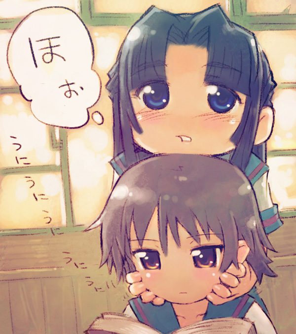 asakura ryoko, nagato yuki, suzumiya haruhi no yuuutsu, silver hair, artist request, 00s, 2girls, blue eyes, blue hair, book, chibi, long hair, multiple girls, school uniform, serafuku, short hair