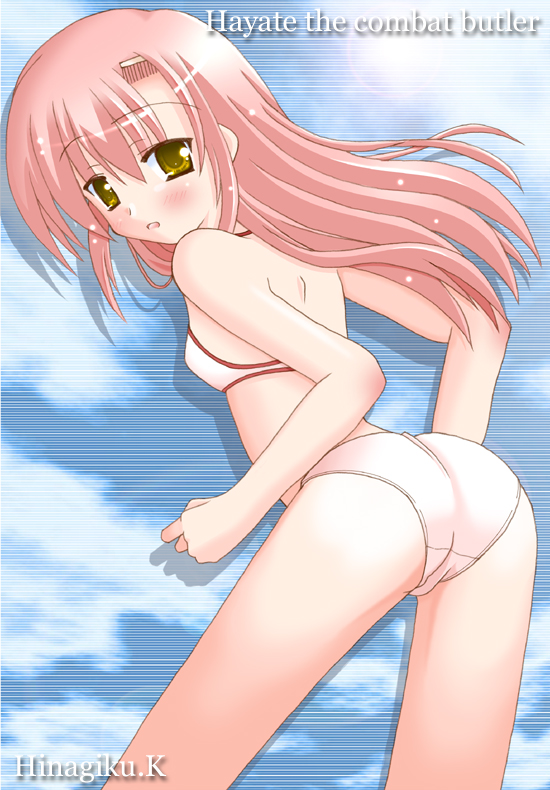 hitsuki miyu, katsura hinagiku, hayate no gotoku!, 00s, 1girl, ass, bikini, blush, bra, breasts, character name, cloud, cloudy sky, copyright name, day, female focus, flat chest, from behind, hair ornament, hairpin, hip focus, lingerie, long hair, looking back, narrow waist, panties, pink hair, red hair, sky, small breasts, solo, swimsuit, underwear, yellow eyes