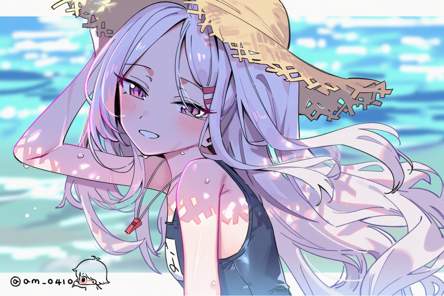 hina (blue archive), hina (swimsuit) (blue archive), blue archive, 1girl, am 0410, breasts, day, demon girl, demon horns, hat, horns, long hair, looking at viewer, ocean, outdoors, purple eyes, small breasts, smile, solo, straw hat, upper body, very long hair, white hair