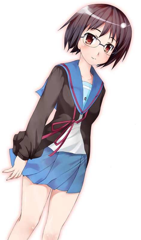 hubrael, nagato yuki, suzumiya haruhi no yuuutsu, 00s, cardigan, glasses, school uniform, serafuku, solo