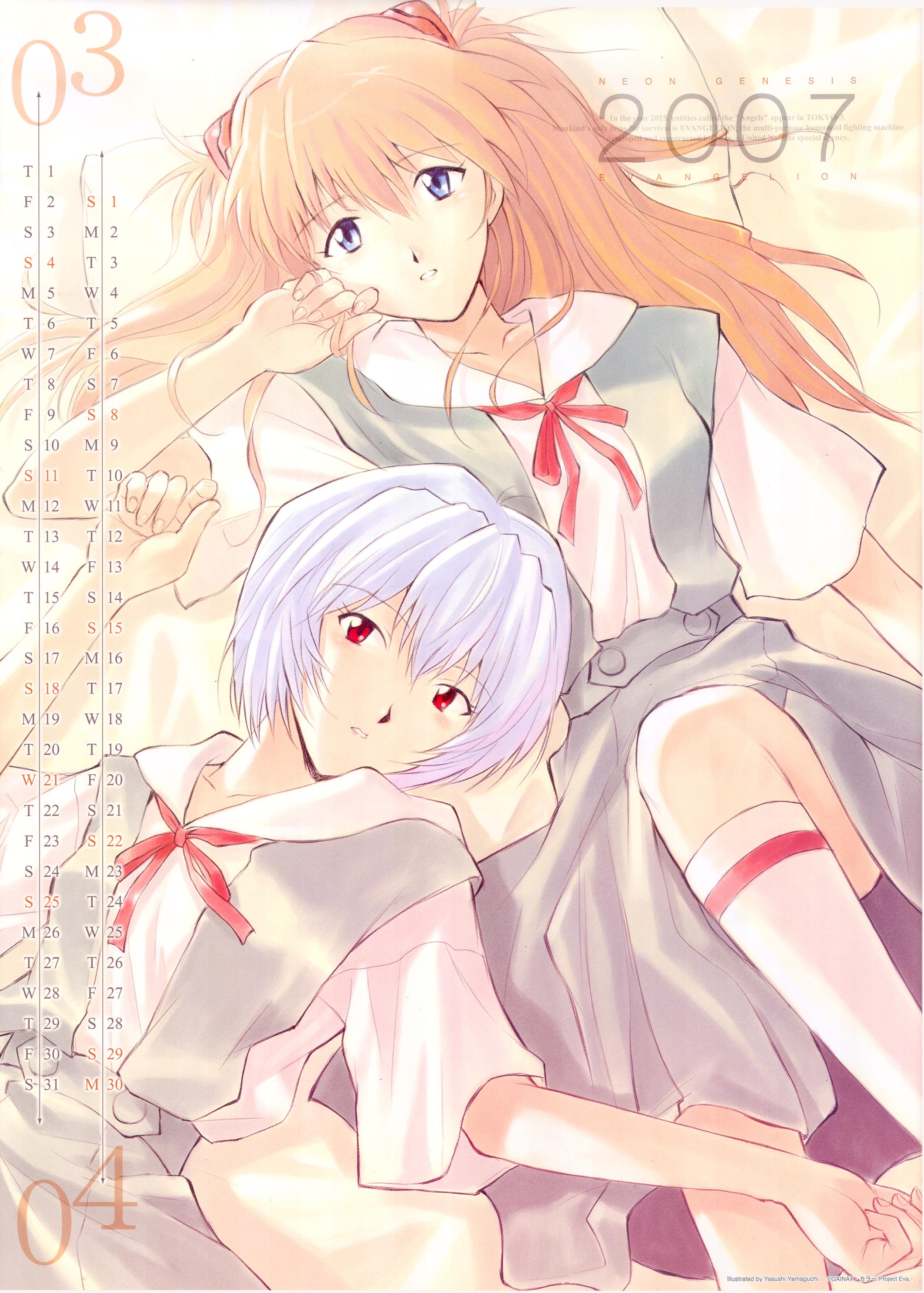 ayanami rei, souryuu asuka langley, neon genesis evangelion, absurdres, highres, scan, 2girls, blue eyes, multiple girls, red eyes, school uniform, serafuku