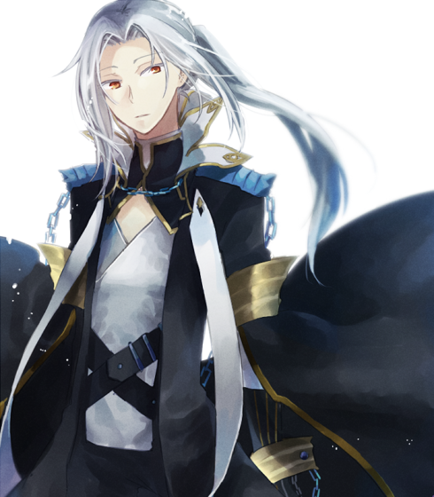wane (ruki), warlock (ragnarok online), ragnarok online, commentary request, 1boy, black coat, black gloves, chain, closed mouth, coat, curtained hair, expressionless, gloves, high ponytail, long hair, looking at viewer, male focus, open clothes, open coat, parted bangs, ponytail, red eyes, shirt, simple background, solo, upper body, white background, white shirt