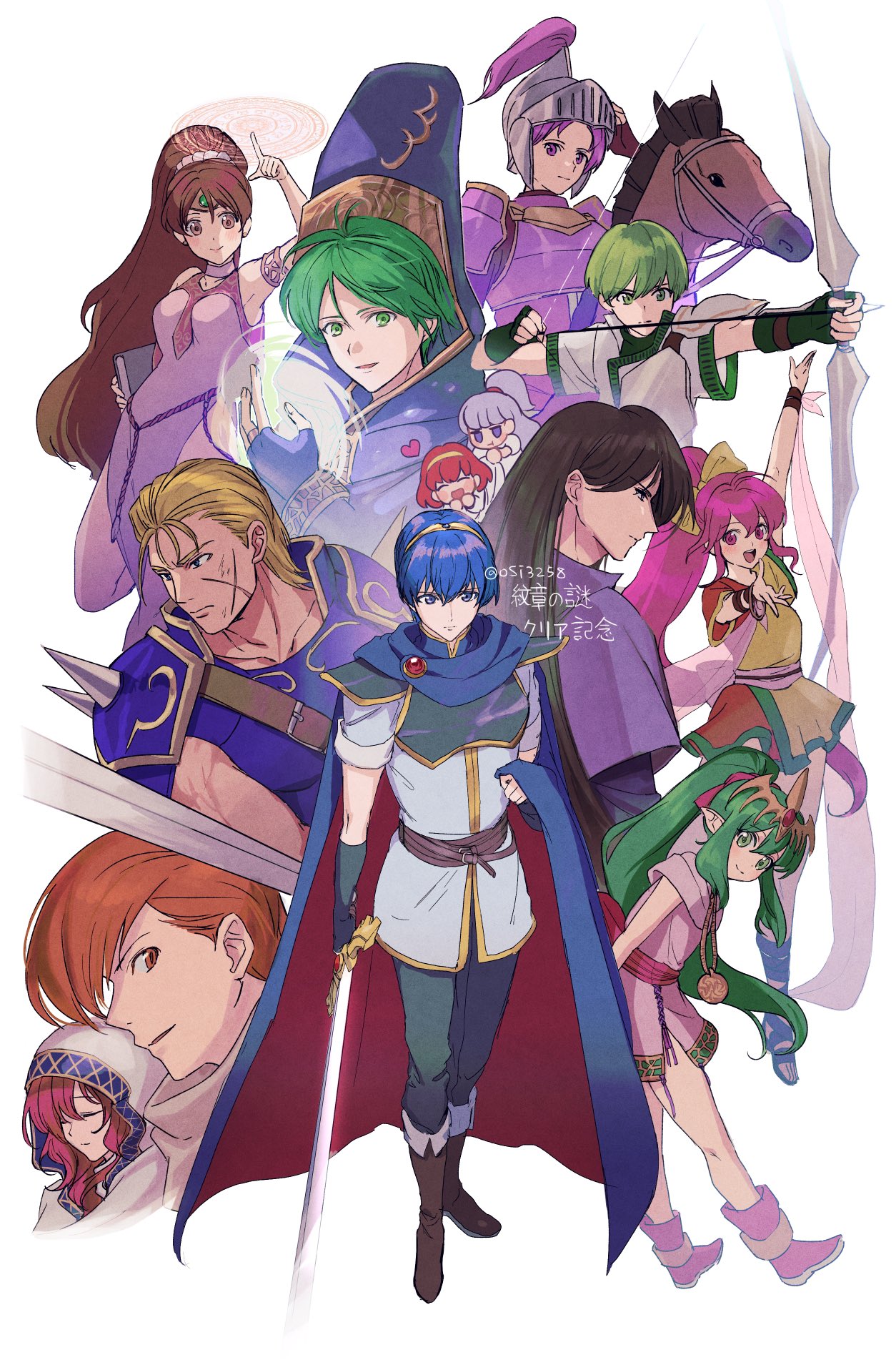 ushiomi, gordin (fire emblem), julian (fire emblem), lena (fire emblem), linde (fire emblem), maria (fire emblem), marisha (fire emblem), marth (fire emblem), merric (fire emblem), navarre (fire emblem), ogma (fire emblem), phina (fire emblem), roshea (fire emblem), tiki (fire emblem), tiki (young) (fire emblem), fire emblem, fire emblem: mystery of the emblem, nintendo, highres, 6+boys, 6+girls, :d, arm up, blue hair, brown eyes, brown hair, closed eyes, falchion (fire emblem), green eyes, green hair, helmet, holding, holding sword, holding weapon, horseback riding, knight, looking at viewer, looking to the side, multiple boys, multiple girls, open mouth, riding, smile, sword, tiara, two-tone cape, weapon