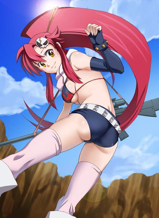 inue shinsuke, yoko littner, tengen toppa gurren lagann, 00s, 1girl, anti-materiel rifle, ass, belt, bikini, bikini top only, breasts, cloud, day, female focus, gun, gun sling, lens flare, long hair, looking back, medium breasts, pink thighhighs, ponytail, red hair, rifle, scarf, scope, short shorts, shorts, sideboob, skindentation, sky, smile, sniper rifle, solo, strap gap, studded belt, sun, swimsuit, thighhighs, underboob, very long hair, weapon