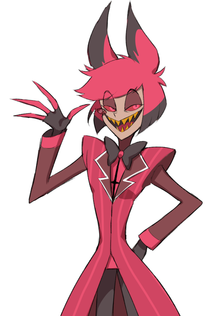 midorikawa you, alastor (hazbin hotel), hazbin hotel, hellaverse, character request, check character, commentary request, 1boy, :d, black bow, black hair, black pants, bow, hand up, jacket, long sleeves, looking at viewer, male focus, multicolored hair, open mouth, pants, pink eyes, pink hair, pink jacket, pink shirt, sharp teeth, shirt, simple background, smile, solo, striped clothes, striped jacket, teeth, two-tone hair, vertical-striped clothes, vertical-striped jacket, white background