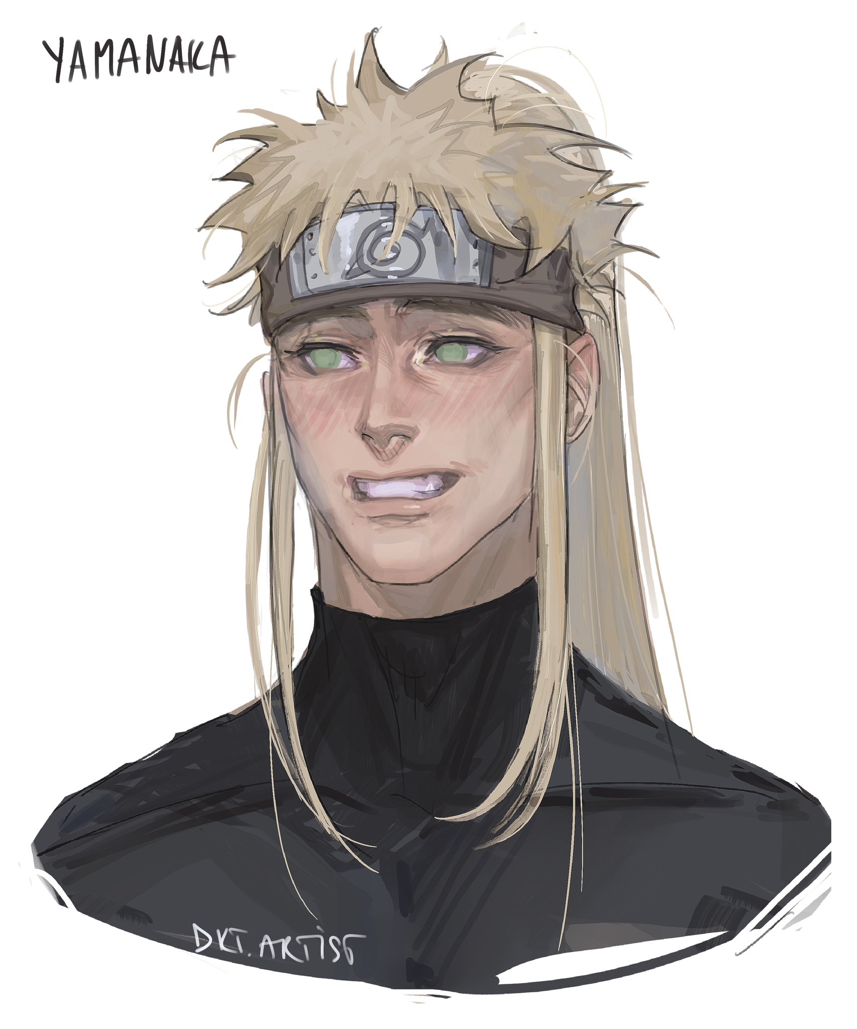 artistdkt, yamanaka inoichi, naruto (series), highres, 1boy, artist name, black shirt, blonde hair, blush, character name, collarbone, forehead protector, green eyes, high collar, high ponytail, konohagakure symbol, lips, long hair, male focus, nose, ponytail, shirt, simple background, smile, solo, teeth, upper body, white background