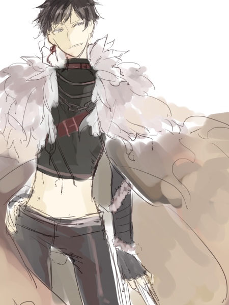 wane (ruki), shadow chaser (ragnarok online), ragnarok online, commentary request, 1boy, black gloves, black hair, black pants, black shirt, brown cape, cape, cowboy shot, crop top, fingerless gloves, fur collar, gloves, grin, hand on own hip, looking afar, looking to the side, male focus, midriff, navel, official alternate costume, pants, shirt, short hair, simple background, sketch, smile, solo, white background, yellow eyes