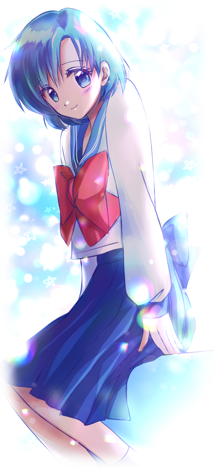 mizuno ami, bishoujo senshi sailor moon, highres, 1girl, blue eyes, blue hair, blue sailor collar, blue skirt, juuban middle school uniform, looking at viewer, sailor collar, school uniform, serafuku, short hair, sitting, skirt, smile, socks, user wnug5873