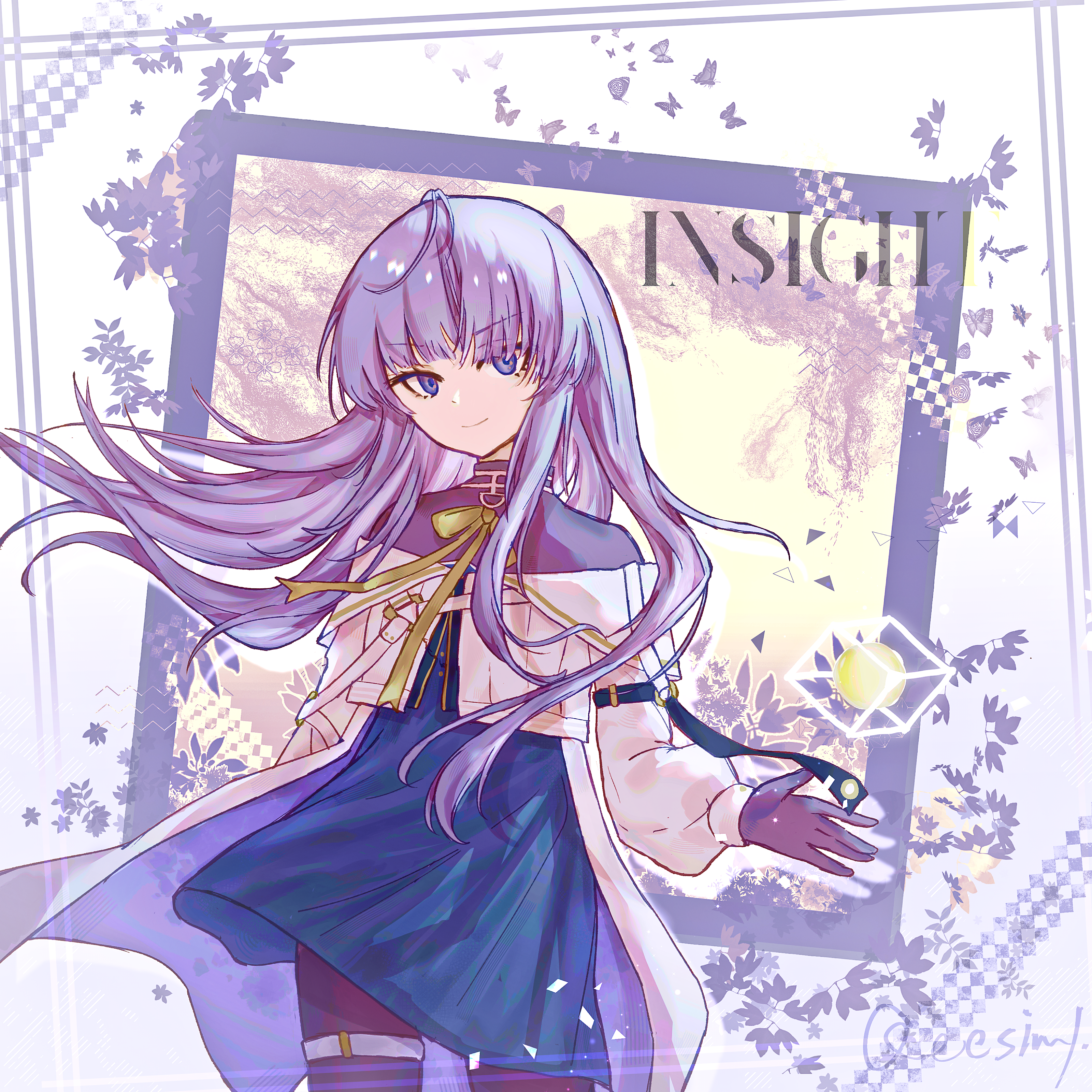 insight (designant) (arcaea), arcaea, absurdres, highres, 1girl, black gloves, black pantyhose, black shirt, blue eyes, blue skirt, bow, chain, collared shirt, earrings, gloves, grey hair, hair between eyes, insight (arcaea), jacket, jewelry, long sleeves, pantyhose, qeesimy240514, ribbon, shirt, skirt, smile, solo, thigh strap, white hair, white jacket, white shirt, yellow bow, yellow ribbon