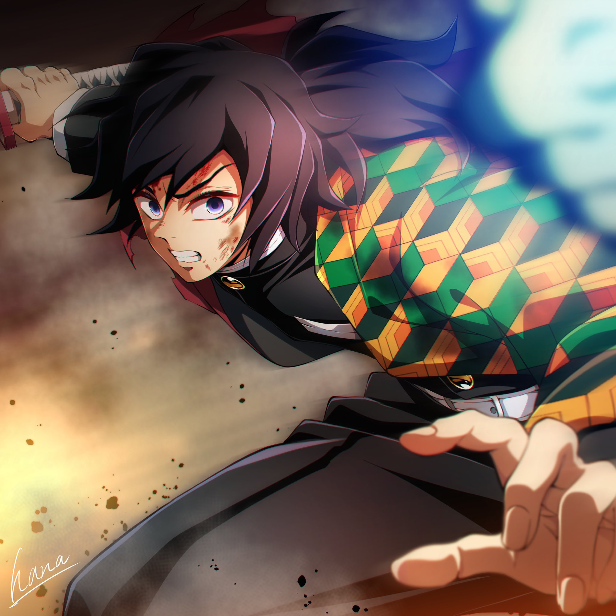 hana ni nare, tomioka giyuu, kimetsu no yaiba, highres, 1boy, belt, black hair, black jacket, black pants, blue eyes, buttons, clenched teeth, demon slayer uniform, haori, holding, holding sword, holding weapon, jacket, japanese clothes, katana, looking at viewer, low ponytail, male focus, pants, ponytail, print haori, puffy pants, red haori, running, solo, spiked hair, sword, teeth, weapon, white belt