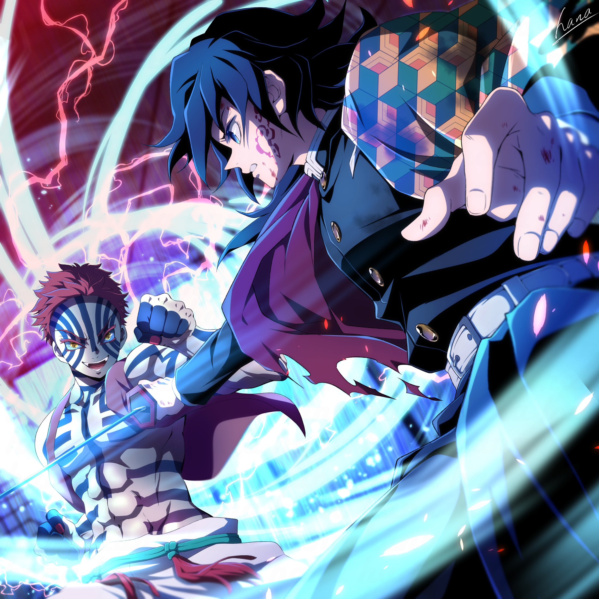 hana ni nare, akaza (kimetsu no yaiba), tomioka giyuu, kimetsu no yaiba, highres, 2boys, battle, black hair, black jacket, black pants, blood, blood on cheek, blue eyes, blue sclera, buttons, clenched teeth, colored sclera, demon slayer uniform, fangs, haori, holding, holding sword, holding weapon, jacket, japanese clothes, katana, low ponytail, male focus, multiple boys, muscular, muscular male, pants, pink hair, ponytail, print haori, red haori, short hair, smile, spiked hair, sword, teeth, weapon, yellow eyes