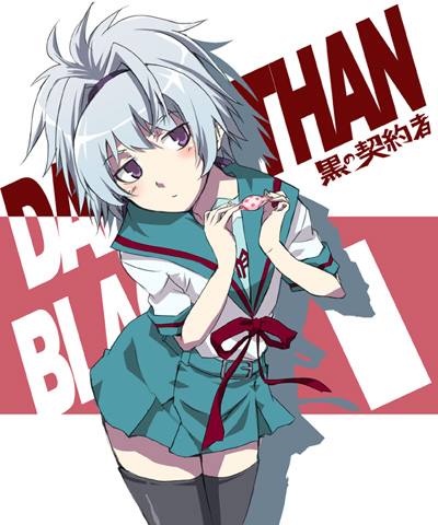 okiura, yin (darker than black), darker than black, suzumiya haruhi no yuuutsu, lowres, 1girl, cosplay, crossover, female focus, parody, school uniform, serafuku, solo, thighhighs, zettai ryouiki