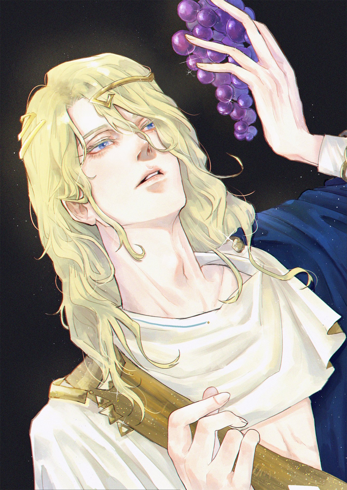 pearl mkmm, 6 (reverse:1999), reverse:1999, highres, 1boy, ancient greek clothes, black background, blonde hair, blue eyes, circlet, food, fruit, grapes, greco-roman clothes, hands up, himation, holding, holding food, holding fruit, long hair, looking at food, looking up, male focus, parted lips, solo, upper body